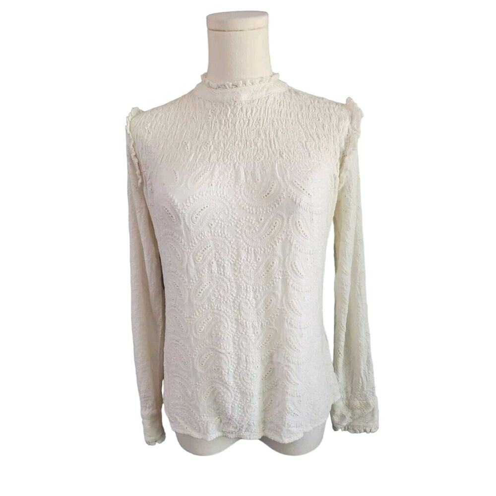 Coquette Nanette Lepore Paisley Embossed Long Sleeve Ivory High Neck Top XS